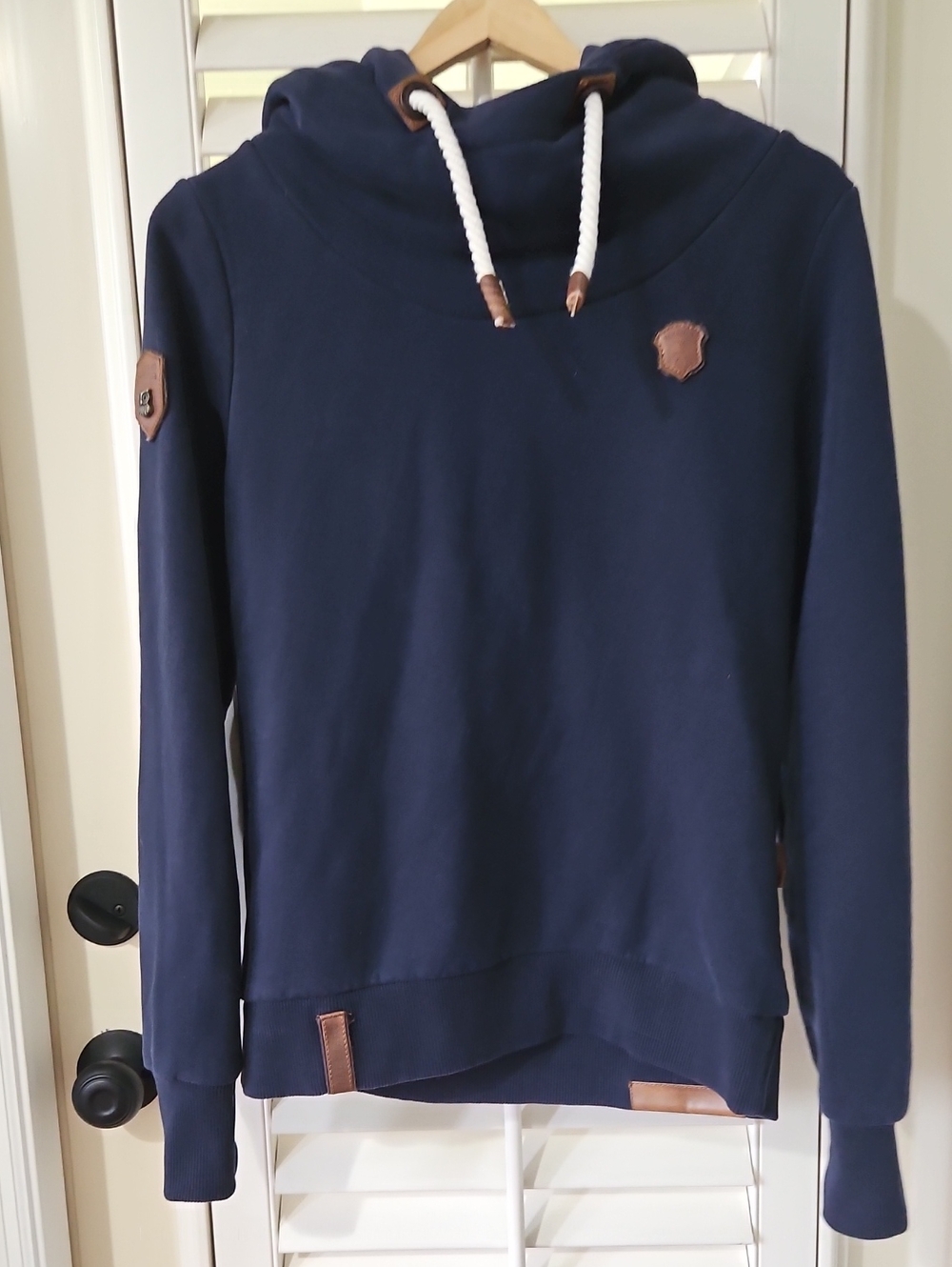 Naketano Women's Navy Crewneck Hoodie Sweater with Leather Trim